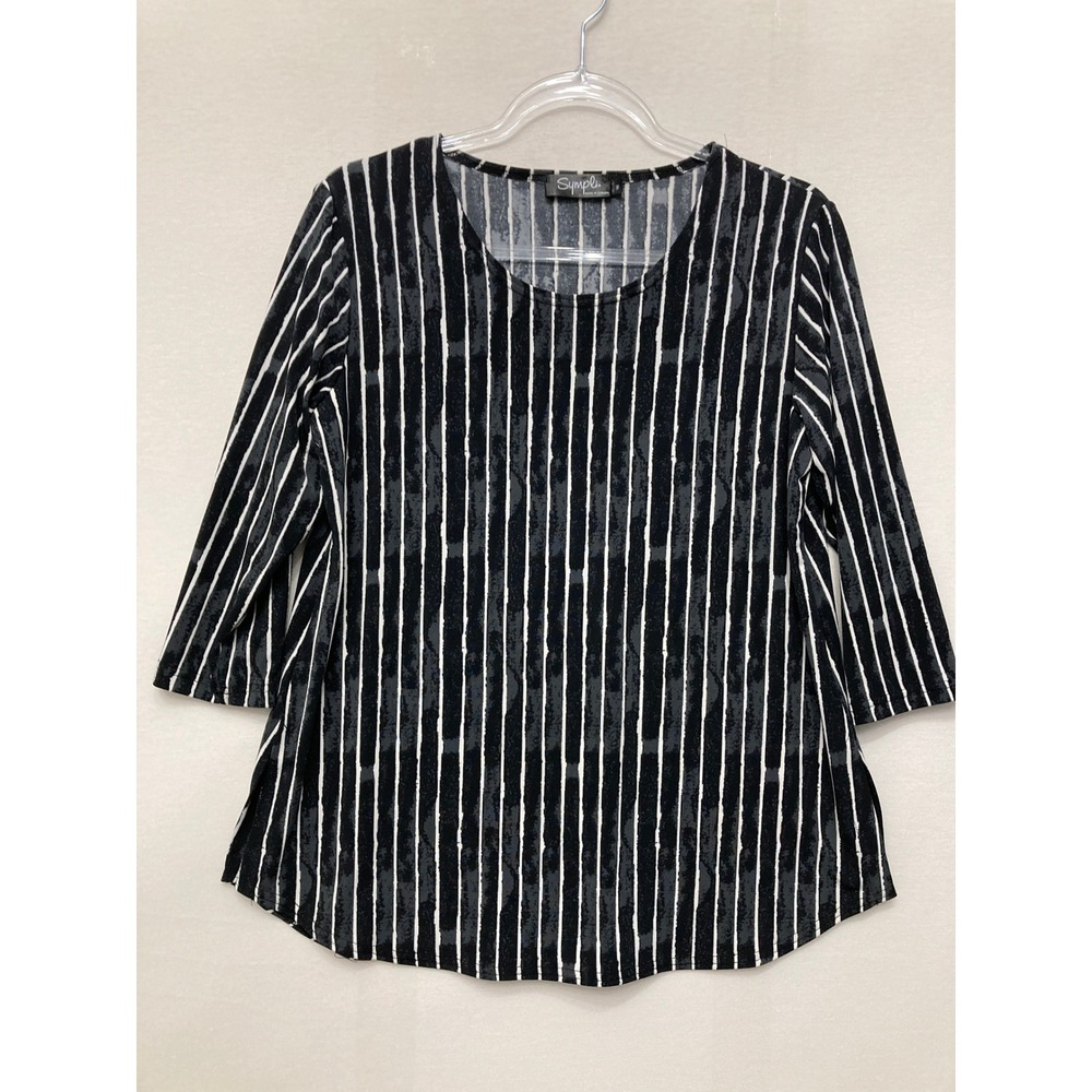 Sympli 3/4 Sleeve Top size 10 Black White Stripe Jersey Knit Scoop Neck Comfy